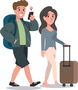 use case inbound traveller - man wearing daypack and woman wheeling travel case